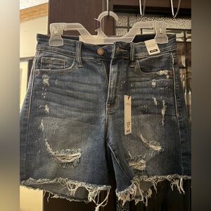 Judy Blue Dark Blue Distressed Frayed Hem Jean Shorts